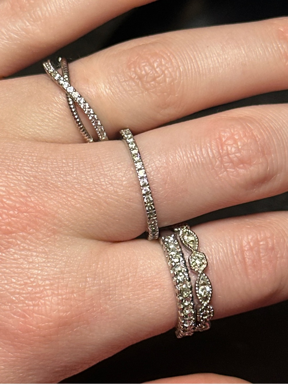 Lot of 4 Silver Tone Stackable Crystal Band Rings - Silver Sizes 7/8